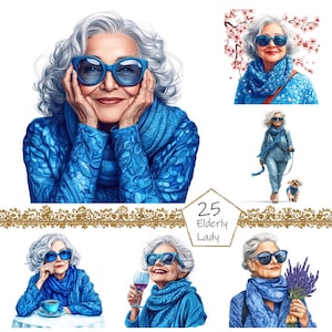 Watercolor Elegant Lady in Blue Clipart, 25 PNG Elderly Lady clipart, Commercial Use, Grandma Clipart png Bundle, Old Lady clipart, Lady art