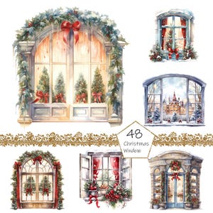 Watercolor Christmas window clipart, 38 high quality PNG files, Xmas decor, winter holidays, festive clip art, printables, digital download