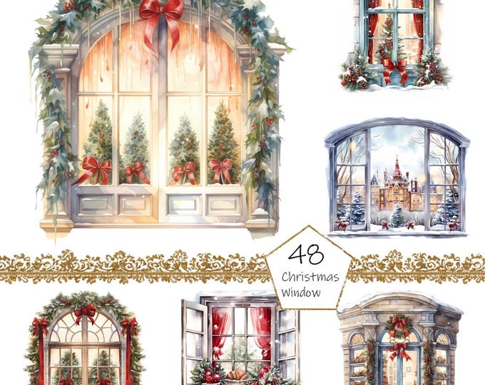Window Prinatables Watercolor Christmas Window Clipart, 38 High Quality PNG Files, Xmas ...
