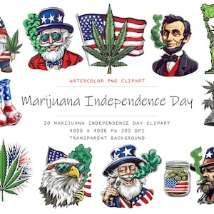 Imágenes prediseñadas de marihuana del 4 de julio en acuarela, 20 imágenes prediseñadas de marihuana PNG, paquete de imágenes prediseñadas patrióticas PNG, Día de la Independencia en acuarela PNG, EE. UU. PNG