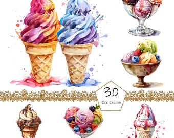 Watercolor Ice Cream Clipart, 30 PNG Summer Treats clip art, Sweet Dessert Clipart png Bundle, Strawberry Ice Cream clipart,digital download