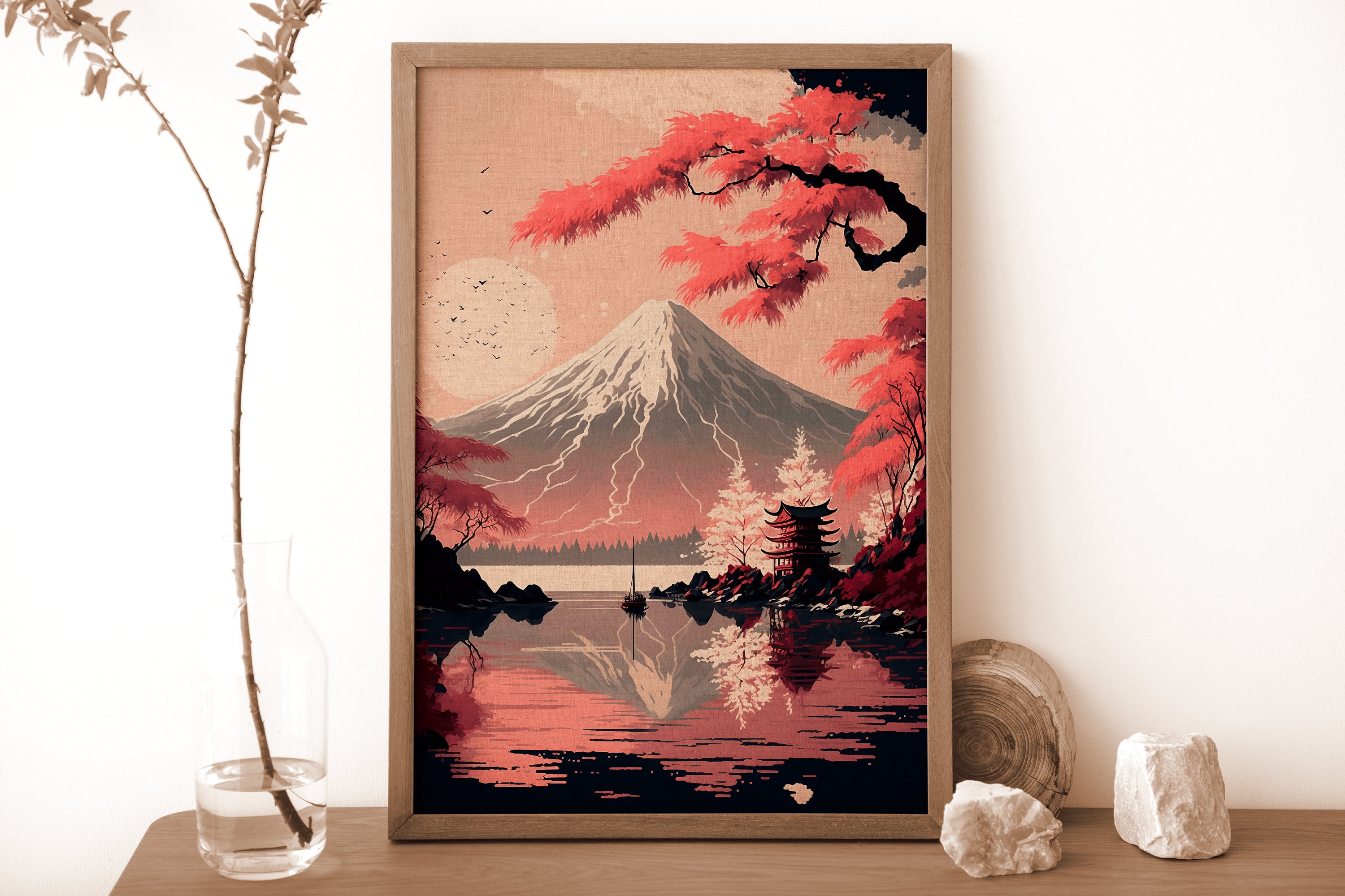 Vintage Japanese Cherry Blossom and a Mountain Lake at the Foot of