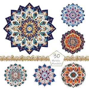 Puede incluir: Una colección de seis diseños de mandalas marroquíes coloridos. Los mandalas presentan patrones intrincados en tonos de azul, naranja, turquesa y dorado. También está presente el texto "30 Morocco Mandalas".