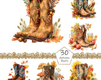May include: Watercolor illustrations of cowboy boots with autumn themes. The boots are decorated with fall leaves, acorns, and flowers. The image includes the text "30 Autumn Boots".