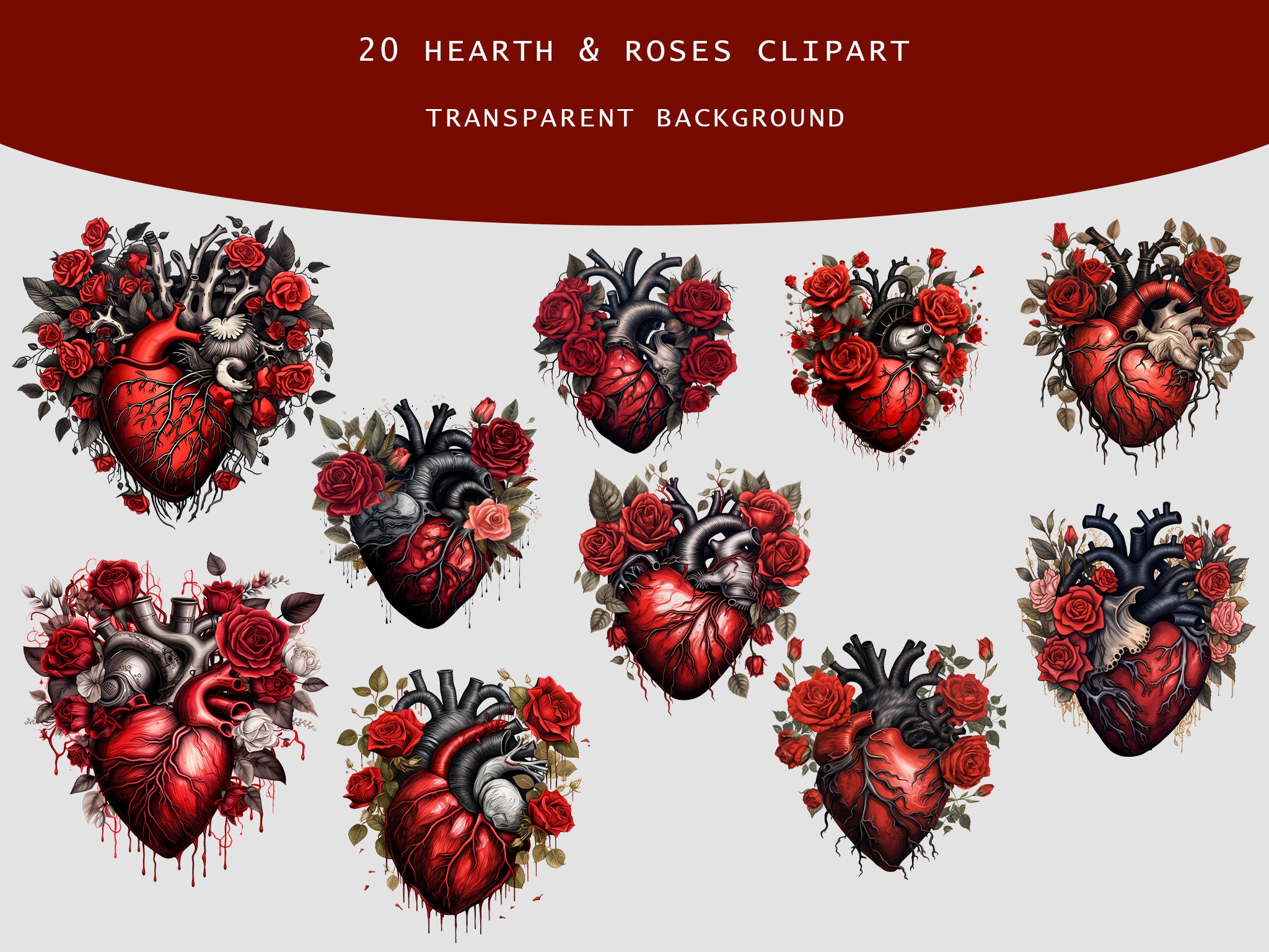 Gothic Floral Heart Clipart, Anatomical Valentine Illustrations Digital ...