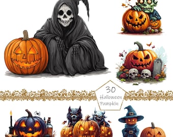 Watercolor Halloween Pumpkin Clipart, 30 PNG Halloween Pumpkin clip art, Halloween Clipart png Bundle, Watercolor Jack-O-Lantern Clipart png