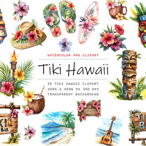 Watercolor Hawaii Tiki Clipart | Watercolor surfing tropical island clip art, PNG digital download commercial use, Paper Craft, Card Making