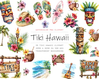 Watercolor Hawaii Tiki Clipart | Watercolor surfing tropical island clip art, PNG digital download commercial use, Paper Craft, Card Making