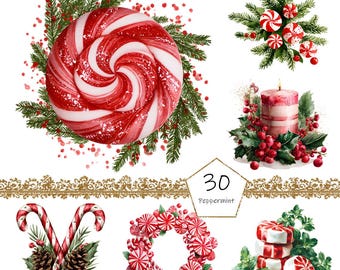May include: Watercolor illustrations of Christmas and holiday-themed items. The image includes a large red and white peppermint swirl candy, candy canes, a wreath, and a lit candle. The text "30 Peppermint" is in a gold frame.