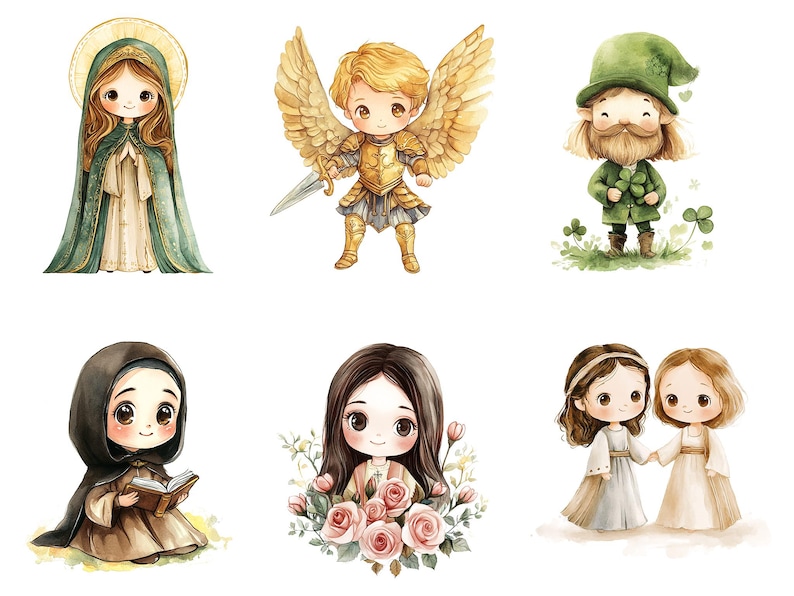 Puede incluir: Una ilustraci&oacute;n digital de diez personajes de dibujos animados. Los personajes son una monja, una ni&ntilde;a con flores, una ni&ntilde;a con un libro, una ni&ntilde;a con una corona, una ni&ntilde;a con un halo, una ni&ntilde;a con una corona, una ni&ntilde;a con una corona, una ni&ntilde;a con una corona, una ni&ntilde;a con una corona y una ni&ntilde;a con una corona.