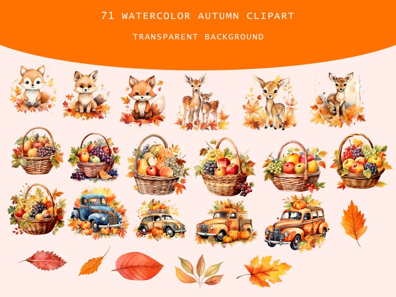 Watercolor Autumn Elements Clipart, Pumpkin Clipart, Autumn Leaves ...