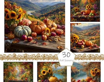 Watercolor Autumn Scenery Clipart, 30 PNG Fall clip art, Pumpkin harvest Clipart png Bundle, Watercolor Autumn Garden Clipart PNG, Fall Png