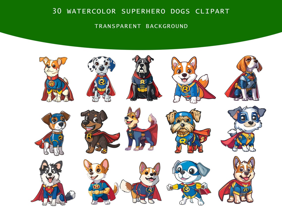 Watercolor Superhero Dogs Clipart, 30 PNG Superhero Dogs Clip Art ...