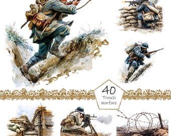 May include: Watercolor illustrations of soldiers in action during trench warfare. The images depict soldiers in blue uniforms, helmets, and carrying rifles, with scenes of combat, trenches, and barbed wire. The text "40 Trench Warfare" is also included.