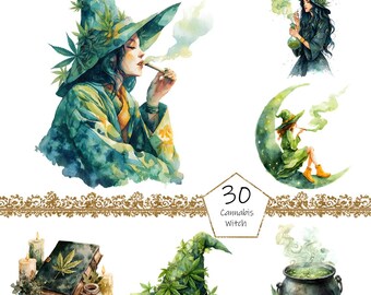 May include: Watercolor illustrations of a cannabis witch theme. The images include a witch smoking, a witch on a crescent moon, a witch with a potion, a witch's hat, a cauldron, and a book with a cannabis leaf. The text "30 Cannabis Witch" is also included.