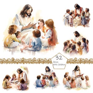 Jesus with Children Clipart PNG Watercolor Bundle Christian Clipart Abstract Image Transparent Loving Clipart Sublimation Sunday Wallart