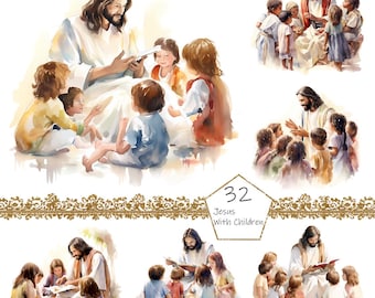 Jezus z dziećmi Clipart PNG Akwarela Pakiet Chrześcijański Clipart Abstrakcyjny Obraz Przezroczysty Kochający Clipart Sublimacja Niedziela Wallart