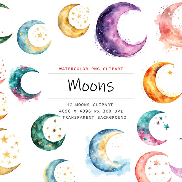 Dreamy Watercolor Moon Clipart- 42 Transparent Background PNG, Crescent Moons Clipart, Dreamy Moon clipart,  Commercial Use Instant Download