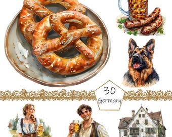 Watercolor Germany Clipart, 30 PNG Oktoberfest clip art, Commercial Use, Beer Clipart png Bundle, Germany Landmarks clipart,digital download