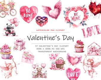 Watercolor Cute Valentines Clipart, 37 PNG Valentines Day Clipart, Valentines Day Bundle, Valentines Candy Heart, Hearts art, Commercial Use