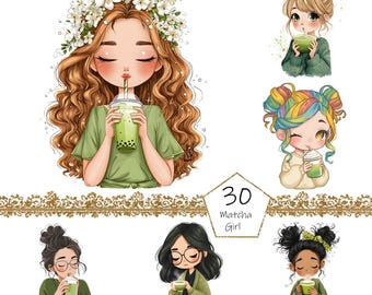 May include: Digital illustration featuring six stylized girls enjoying matcha drinks. The girls have various hairstyles and wear green or neutral-toned clothing. One girl has a flower crown. The text "30 Matcha Girl" is also present.