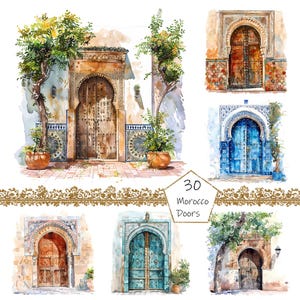 Puede incluir: Ilustraciones en acuarela de puertas marroquíes. La imagen presenta seis puertas diferentes en varios colores, incluyendo marrón, azul y turquesa. Cada puerta tiene detalles intrincados y está rodeada de elementos arquitectónicos y vegetación. También está presente el texto "30 Morocco Doors".