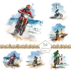 Watercolor Beach Motocross Clipart, 36 PNG Motorcycle clip art, Commercial, Dirt Bike Clipart png Bundle, Off-road motorcycle clipart png