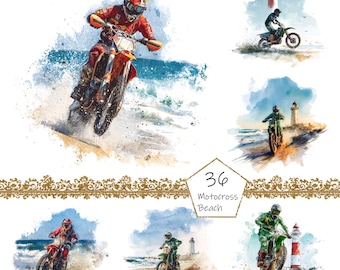 Watercolor Beach Motocross Clipart, 36 PNG Motorcycle clip art, Commercial, Dirt Bike Clipart png Bundle, Off-road motorcycle clipart png