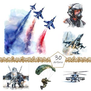 Watercolor Airforce Military Clipart, 30 PNG Airforce Army clip art, Military Clipart png Bundle, Digital Military Art, Military Sublimation