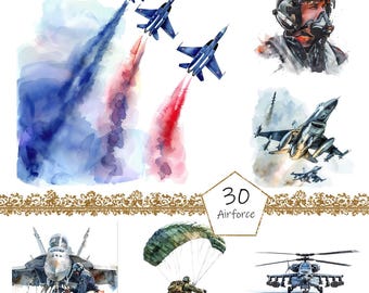 Watercolor Airforce Military Clipart, 30 PNG Airforce Army clip art, Military Clipart png Bundle, Digital Military Art, Military Sublimation