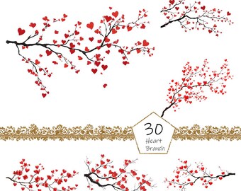 May include: A collection of heart-shaped branches in various arrangements. The branches are black, with red heart-shaped leaves. A gold decorative border and a sign that says "30 Heart Branch" are also included.