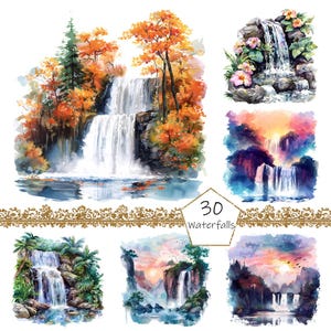 Watercolor Waterfalls Clipart, 30 PNG Spring Waterfall clip art, Commercial Use, Forest Clipart png Bundle, Mauntain Landscape clipart