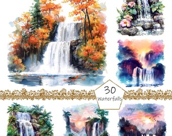 Watercolor Waterfalls Clipart, 30 PNG Spring Waterfall clip art, Commercial Use, Forest Clipart png Bundle, Mauntain Landscape clipart
