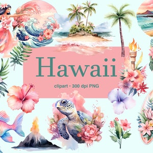 Acuarela Pastel Hawaii Clipart - acuarela surf isla tropical clip art en formato PNG descarga instantánea, Imágenes Prediseñadas de verano, Imágenes Prediseñadas de flores