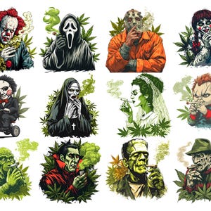 Puede incluir: Una colecci&oacute;n de ilustraciones coloridas con personajes de terror ic&oacute;nicos fumando. Cada personaje est&aacute; rodeado de hojas de cannabis y humo, incluyendo un payaso, una monja y el monstruo de Frankenstein.