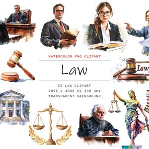 Clipart di diritto ad acquerello, 22 clipart di avvocato PNG, bundle di clipart legali png, clipart di martelletto, clipart di giudice, bilancia della libertà, download digitale