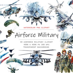 Aquarel luchtmacht militaire clipart, 30 PNG luchtmacht leger illustraties, militaire clipart png bundel, digitale militaire kunst, militaire sublimatie