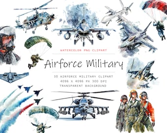 Watercolor Airforce Military Clipart, 30 PNG Airforce Army clip art, Military Clipart png Bundle, Digital Military Art, Military Sublimation