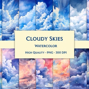 May include: A set of 12 digital watercolor illustrations of cloudy skies in various shades of blue, pink, and purple. The images feature fluffy clouds, some with a hint of sunlight or stars.  CLOUDY SKIES WATERCOLOR HIGH QUALITY - PNG - 300 DPI
