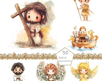 Watercolor Biblical Characters Clipart, 30 PNG bible clip art, Commercial Use, Jesus Clipart png Bundle, Easter clipart, religious clipart