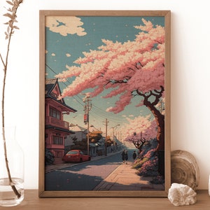 Cherry blossom print, Japanese Lofi anime poster, Sakura Tree , aesthetic urban house drawing, gaming manga illustration frame