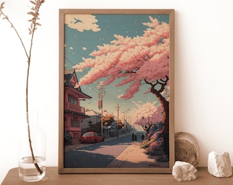 Cherry blossom print, Japanese Lofi anime poster, Sakura Tree , aesthetic urban house drawing, gaming manga illustration frame