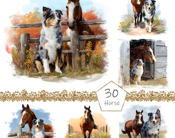 May include: Watercolor paintings of horses and an Australian Shepherd dog. One image shows the dog and a horse by a wooden fence. Other images show the dog and horses in various outdoor settings. The text "30 Horse" is in a gold frame.