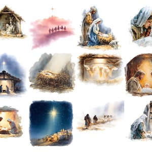 May include: Watercolor illustrations depicting scenes from the Nativity. Images include the stable, the three wise men, Mary and Joseph with baby Jesus, and angels. The artwork features soft colors and a serene atmosphere, perfect for religious themes.