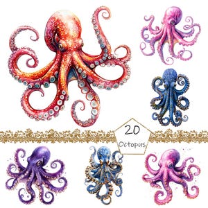 Watercolor Octopus Clipart, 20 PNG Sea Animal clipart, Commercial Use, Under Sea Clipart png Bundle, Whale Clipart png, Underwater clipart
