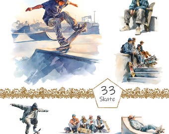 May include: Watercolor illustrations of skateboarding scenes. One image shows a skater in mid-air, another depicts a skater sitting, and others show groups of skaters. The images have a soft, artistic style with a focus on action and camaraderie.