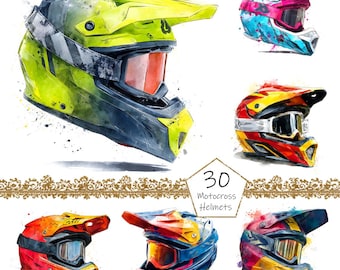 Watercolor Motocross Helmets Clipart, 30 PNG Motorcycle clip art, Commercial Use, Dirt Bike Clipart png Bundle, Off-road motorcycle clipart