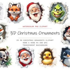 Aquarell Weihnachten 3D Durchbruch Ornament Clipart, 20 PNG Weihnachtsverzierungen Clip Art, Weihnachtscliparts png Bundle, Weihnachts Clipart