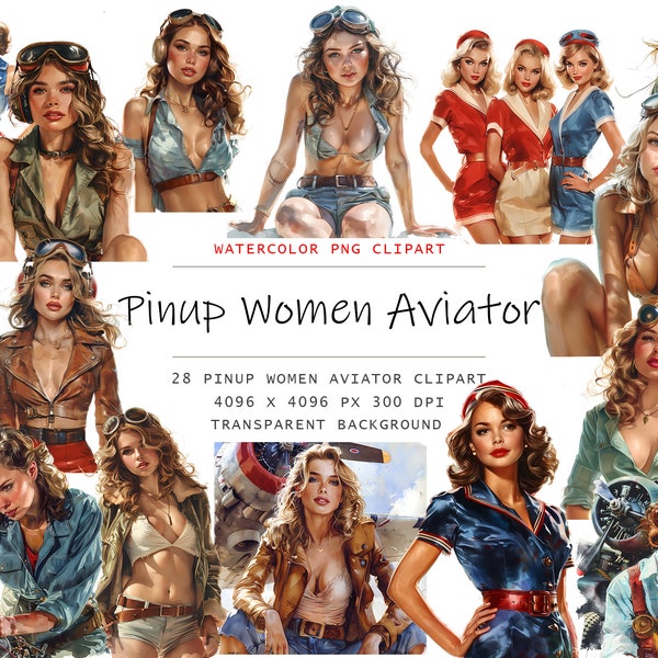 Watercolor Pin up Girls Aviator clipart, 28 PNG Army girl clip art, Military Clipart png Bundle, Military Art, Watercolor Military Clipart