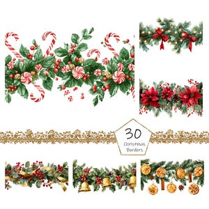 Könnte beinhalten: Aquarellillustrationen von Weihnachtsbordüren. Das Bild zeigt verschiedene festliche Designs, darunter Zuckerstangen, Stechpalmen, Weihnachtsstern und goldene Glocken. Die Bordüren sind mit roten Beeren, grünen Blättern und goldenen Akzenten verziert. Der Text lautet "30 Christmas Borders".